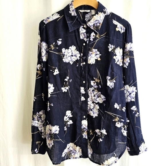 Punt Roma Navy Blue Floral Print Linen Blouse - Picture 2 of 16